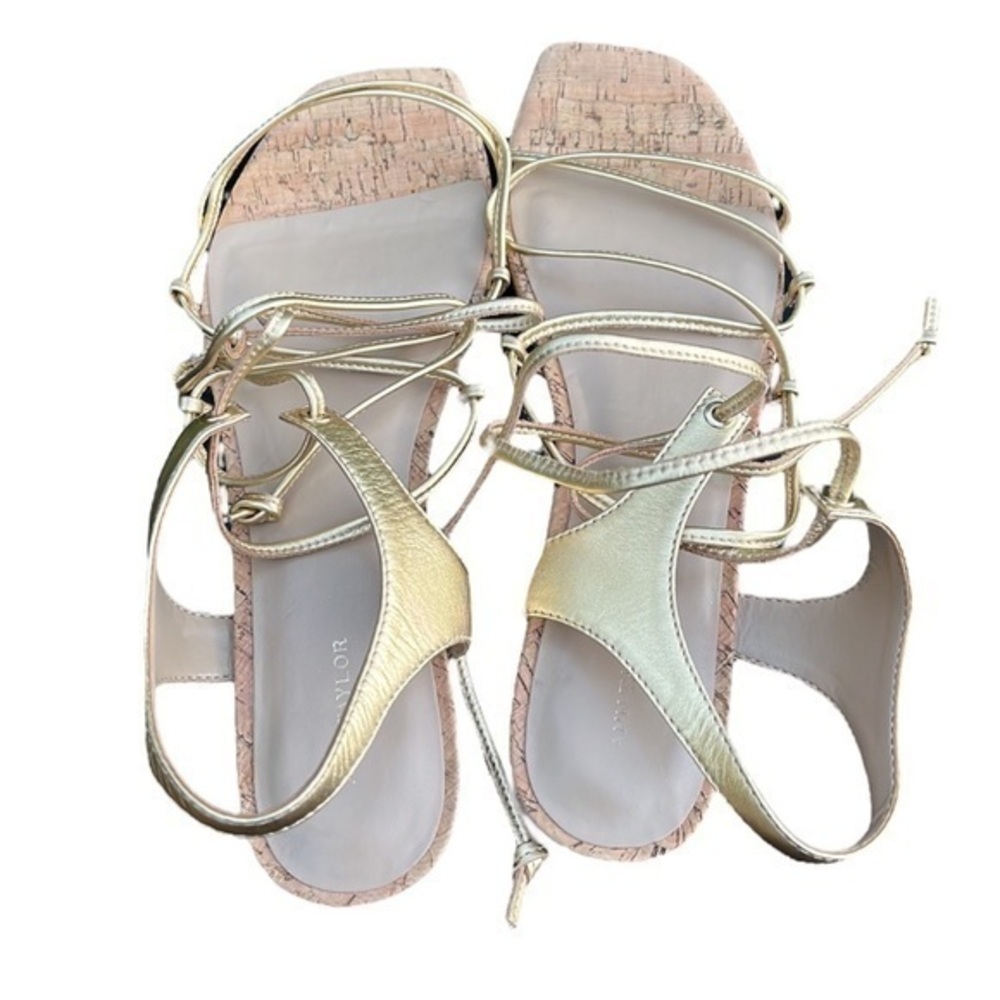 ANN TAYLOR flat strappy sandals cork and gold, leather upper, women’s size 10